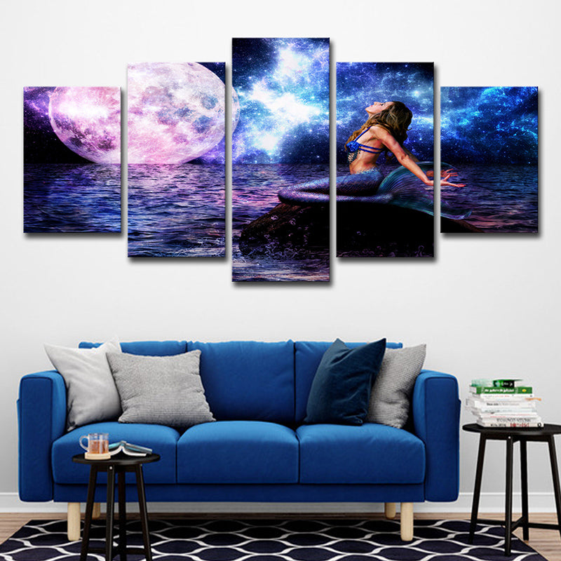 Purple Kid Canvas Wall Art Marshy Lagoon Mermaid under Super Moon Wall Decor for Room Purple Clearhalo 'Art Gallery' 'Canvas Art' 'Kids' Arts' 1704399