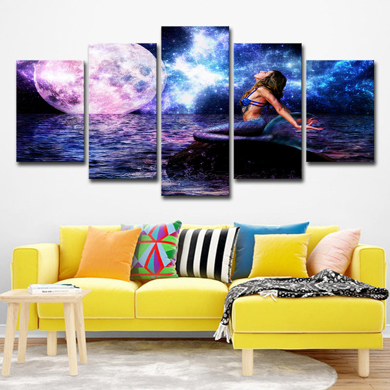 Purple Kid Canvas Wall Art Marshy Lagoon Mermaid under Super Moon Wall Decor for Room Clearhalo 'Art Gallery' 'Canvas Art' 'Kids' Arts' 1704400