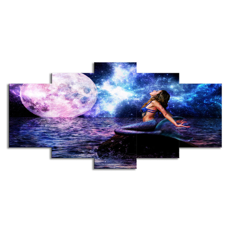 Purple Kid Canvas Wall Art Marshy Lagoon Mermaid under Super Moon Wall Decor for Room Clearhalo 'Art Gallery' 'Canvas Art' 'Kids' Arts' 1704402