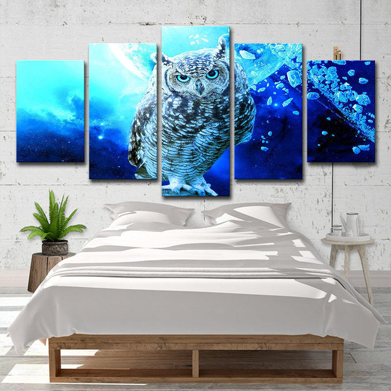 Multi-Piece Blue Wall Art Modern Owl and Night Scenery Canvas Print for Dining Room Clearhalo 'Art Gallery' 'Canvas Art' 'Contemporary Art Gallery' 'Modern' Arts' 1704487