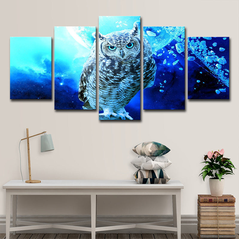 Multi-Piece Blue Wall Art Modern Owl and Night Scenery Canvas Print for Dining Room Clearhalo 'Art Gallery' 'Canvas Art' 'Contemporary Art Gallery' 'Modern' Arts' 1704488