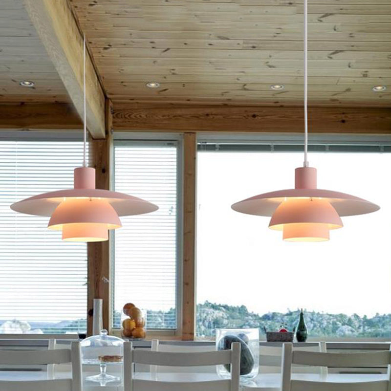 Tiered Design Ceiling Pendant Lamp Nordic Metal 1-Head Pink/White Hanging Lighting with Flared Shade for Living Room Clearhalo 'Ceiling Lights' 'Modern Pendants' 'Modern' 'Pendant Lights' 'Pendants' Lighting' 170454