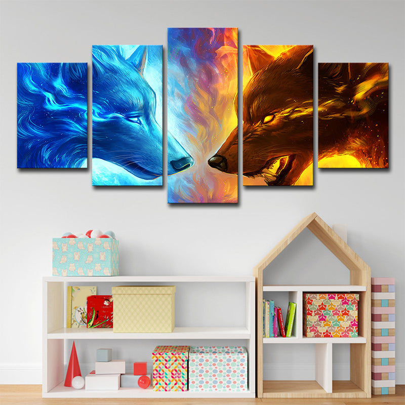 Ice and Fire Wolf Canvas Modern Multi-Piece Boys Bedroom Wall Art Print in Blue-Yellow Blue Clearhalo 'Art Gallery' 'Canvas Art' 'Contemporary Art Gallery' 'Modern' Arts' 1704555