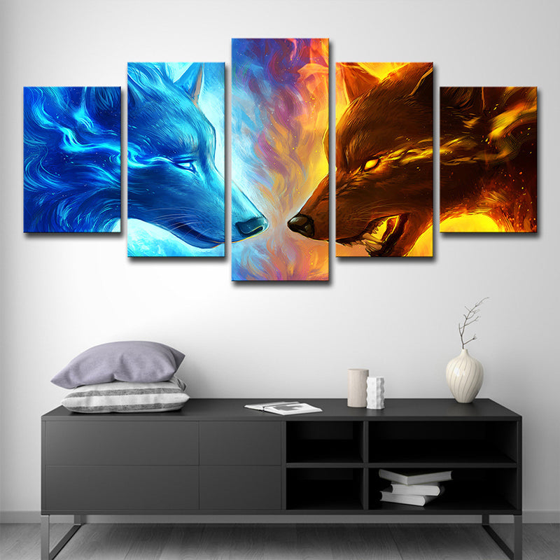Ice and Fire Wolf Canvas Modern Multi-Piece Boys Bedroom Wall Art Print in Blue-Yellow Clearhalo 'Art Gallery' 'Canvas Art' 'Contemporary Art Gallery' 'Modern' Arts' 1704556