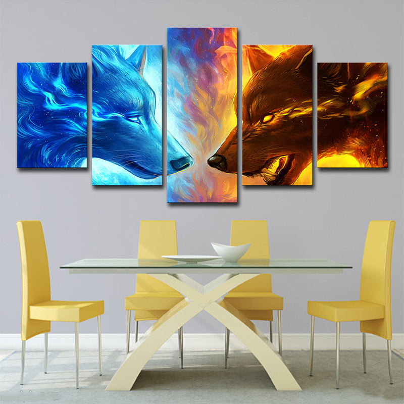 Ice and Fire Wolf Canvas Modern Multi-Piece Boys Bedroom Wall Art Print in Blue-Yellow Clearhalo 'Art Gallery' 'Canvas Art' 'Contemporary Art Gallery' 'Modern' Arts' 1704557