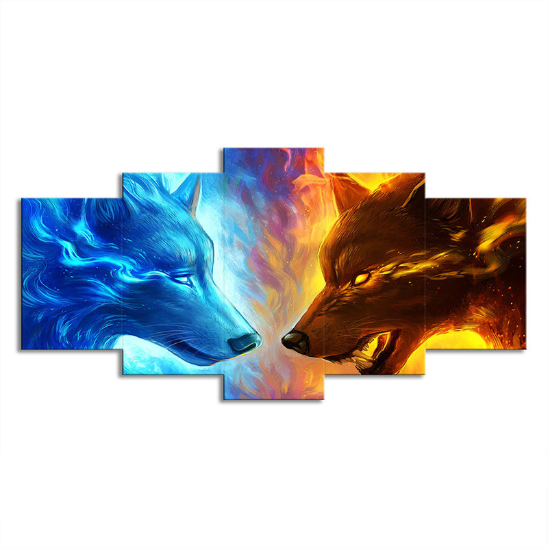 Ice and Fire Wolf Canvas Modern Multi-Piece Boys Bedroom Wall Art Print in Blue-Yellow Clearhalo 'Art Gallery' 'Canvas Art' 'Contemporary Art Gallery' 'Modern' Arts' 1704558