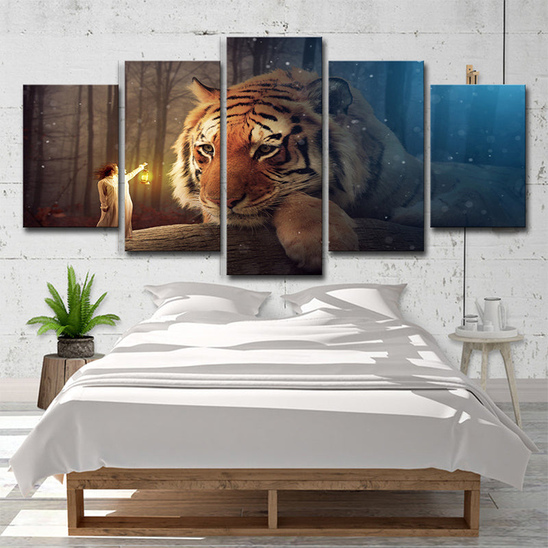Yellow Kids Canvas Digital Print Giant Tiger and Tiny Girl Wall Art for Living Room Yellow Clearhalo 'Art Gallery' 'Canvas Art' 'Contemporary Art Gallery' 'Modern' Arts' 1704580