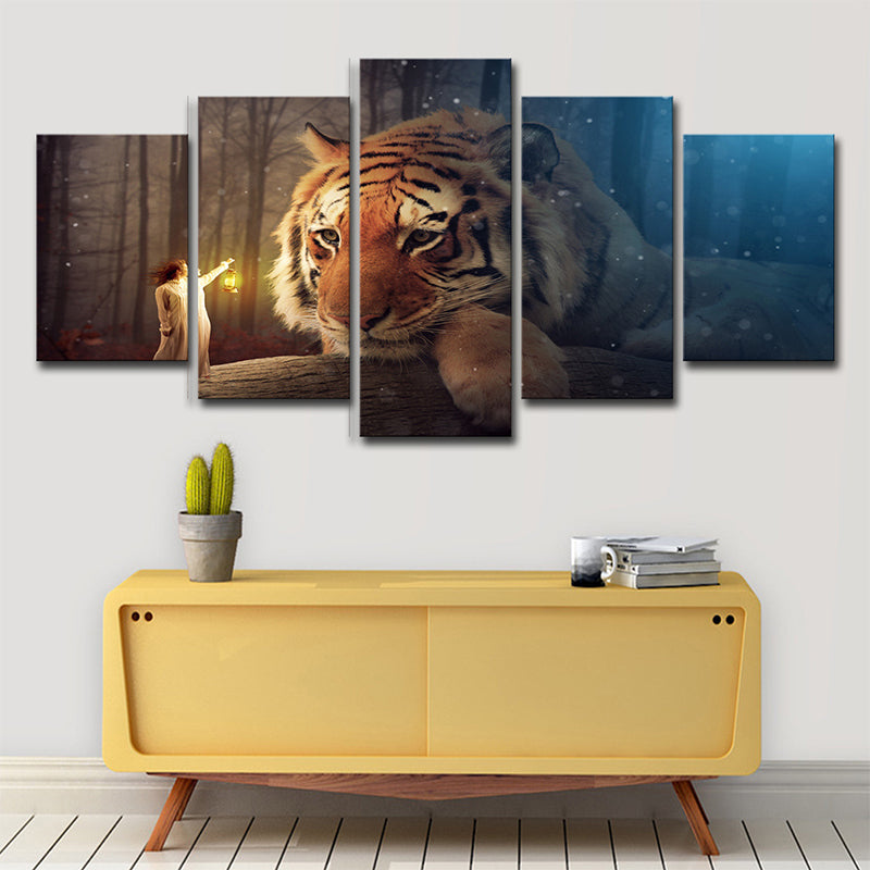 Yellow Kids Canvas Digital Print Giant Tiger and Tiny Girl Wall Art for Living Room Clearhalo 'Art Gallery' 'Canvas Art' 'Contemporary Art Gallery' 'Modern' Arts' 1704581