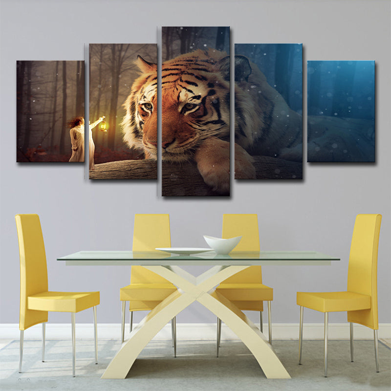 Yellow Kids Canvas Digital Print Giant Tiger and Tiny Girl Wall Art for Living Room Clearhalo 'Art Gallery' 'Canvas Art' 'Contemporary Art Gallery' 'Modern' Arts' 1704582