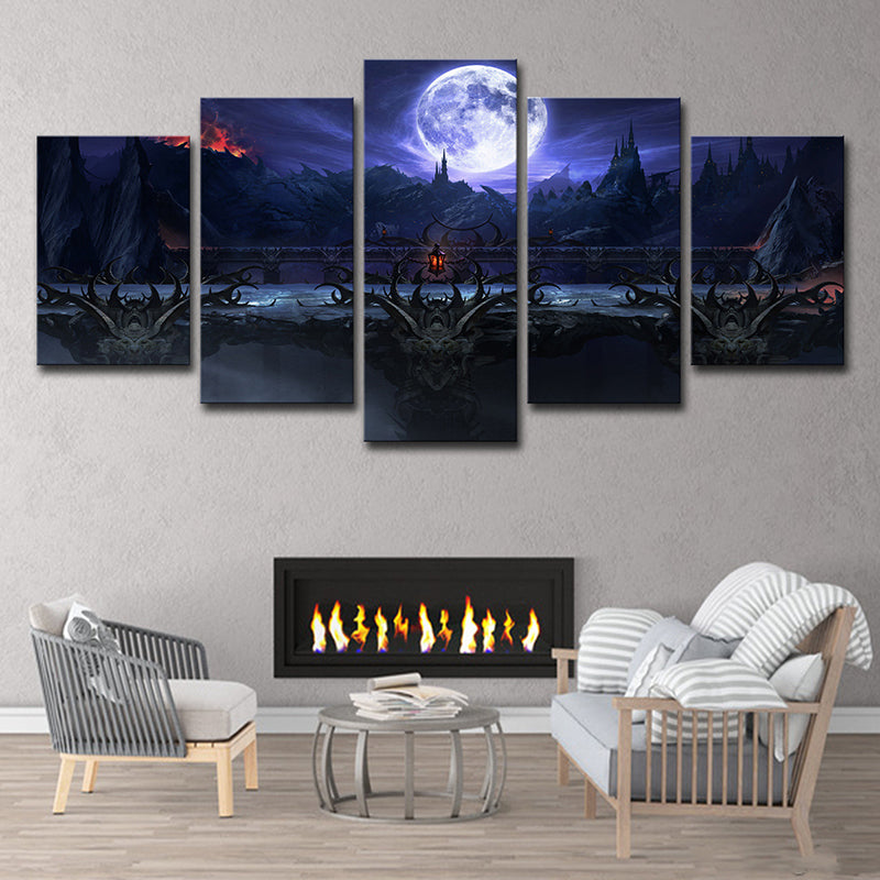 Game Scene Wall Art Kids Gloomy Full Moon Castle Night Canvas Print in Dark Blue Clearhalo 'Art Gallery' 'Canvas Art' 'Kids' Arts' 1705001