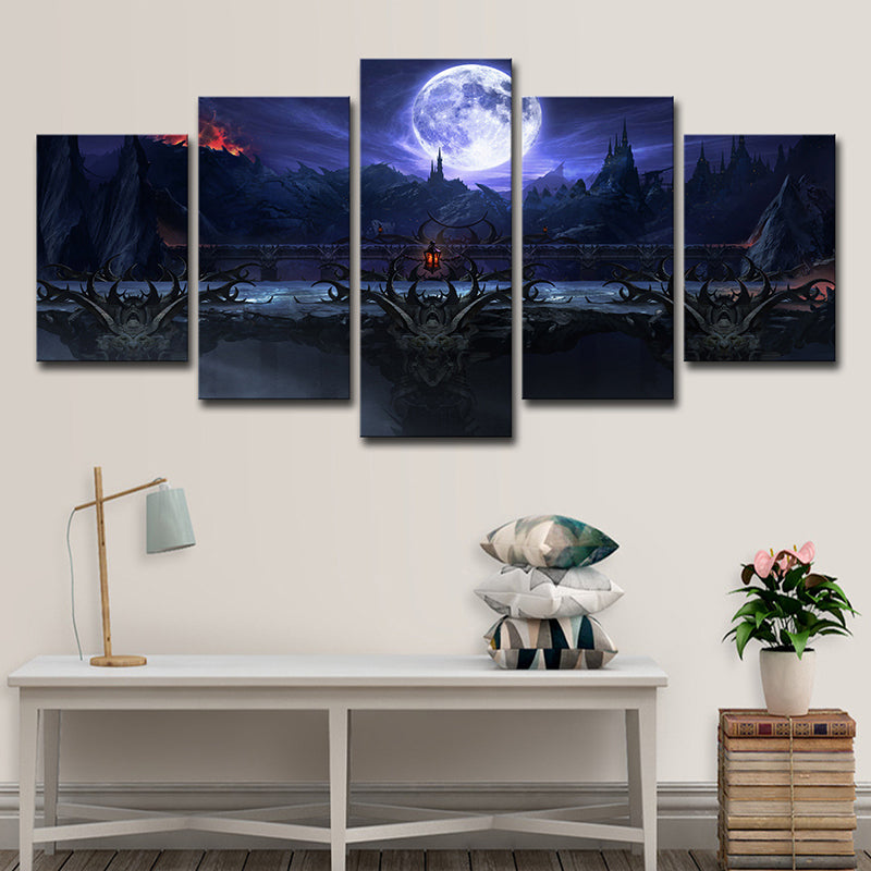 Game Scene Wall Art Kids Gloomy Full Moon Castle Night Canvas Print in Dark Blue Clearhalo 'Art Gallery' 'Canvas Art' 'Kids' Arts' 1705002