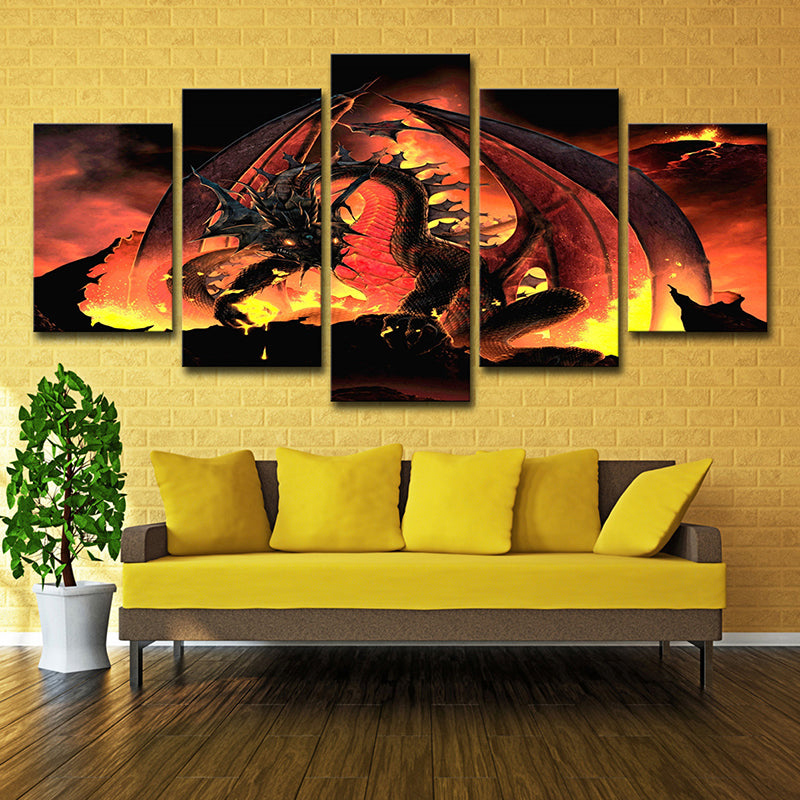 Fire Dragon Art Print Orange Canvas Made Wall Decor for House Interior, Multi-Piece Orange Clearhalo 'Art Gallery' 'Canvas Art' 'Kids' Arts' 1705119