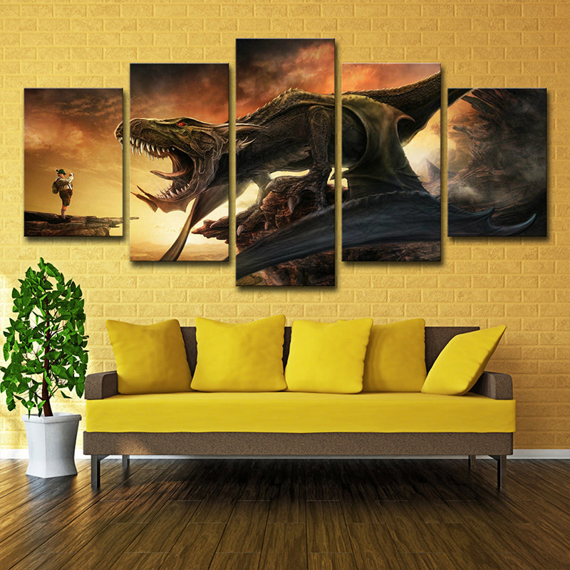 Canvas Multi-Piece Wall Decor Science Fiction Dinosaur Roaring Art Print in Yellow Clearhalo 'Art Gallery' 'Canvas Art' 'Kids' Arts' 1705167