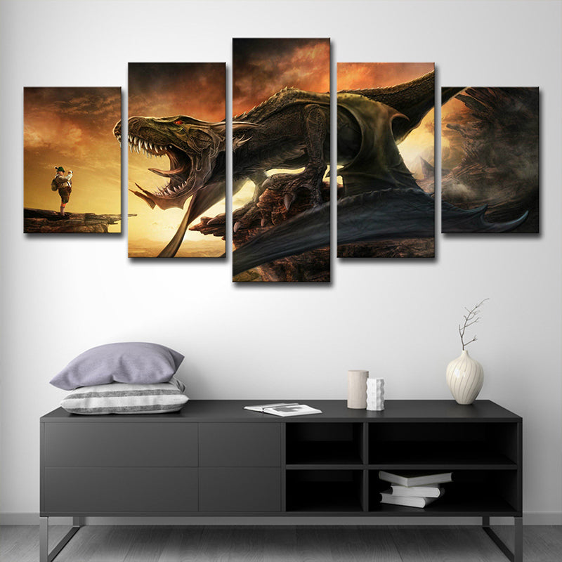 Canvas Multi-Piece Wall Decor Science Fiction Dinosaur Roaring Art Print in Yellow Clearhalo 'Art Gallery' 'Canvas Art' 'Kids' Arts' 1705168