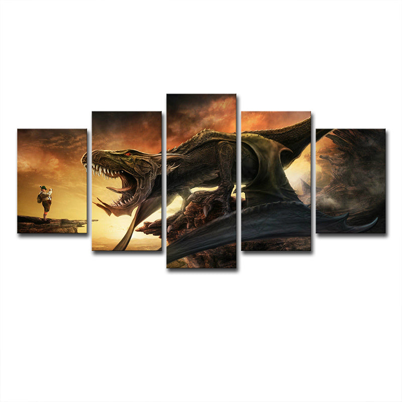 Canvas Multi-Piece Wall Decor Science Fiction Dinosaur Roaring Art Print in Yellow Clearhalo 'Art Gallery' 'Canvas Art' 'Kids' Arts' 1705169