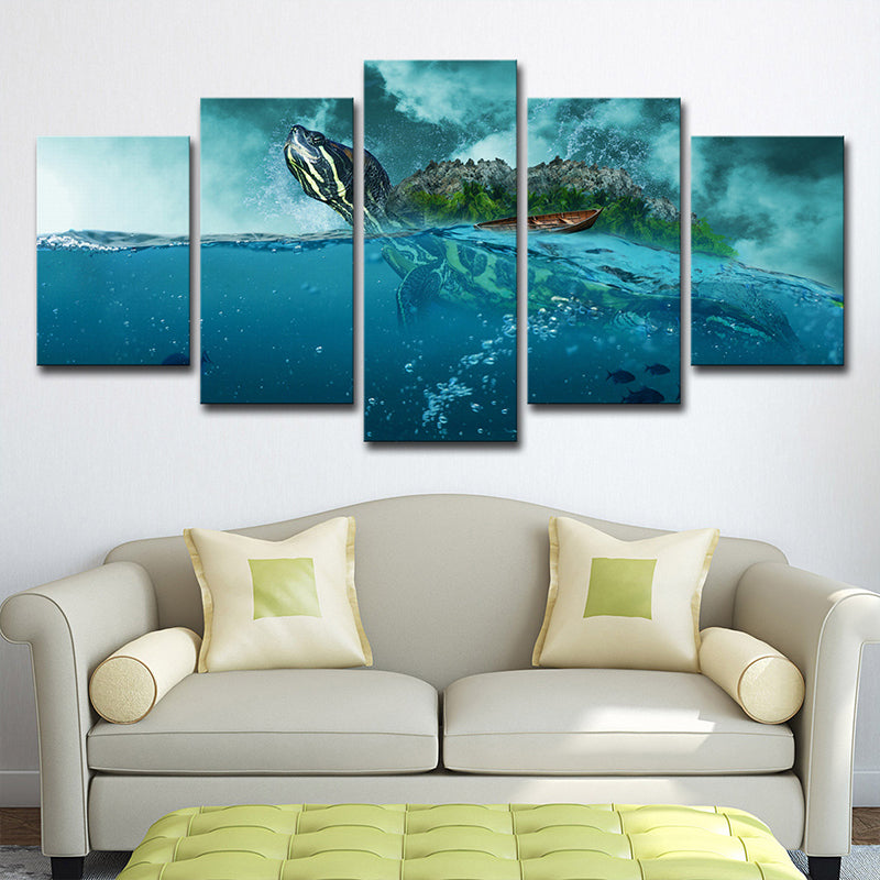 Ocean Surface Turtle Canvas Print Multi-Piece Modernism Living Room Wall Art in Blue Clearhalo 'Art Gallery' 'Canvas Art' 'Contemporary Art Gallery' 'Modern' Arts' 1705189