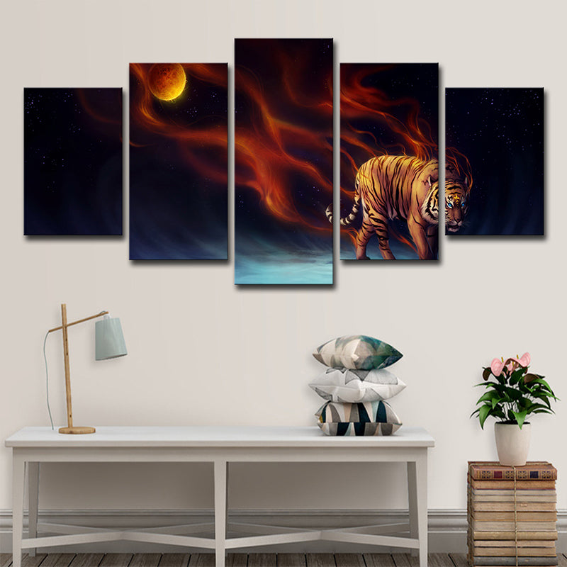 Yellow Moon Night Tiger Art Print Multi-Piece Modern Living Room Wall Decoration Clearhalo 'Art Gallery' 'Canvas Art' 'Contemporary Art Gallery' 'Modern' Arts' 1705262