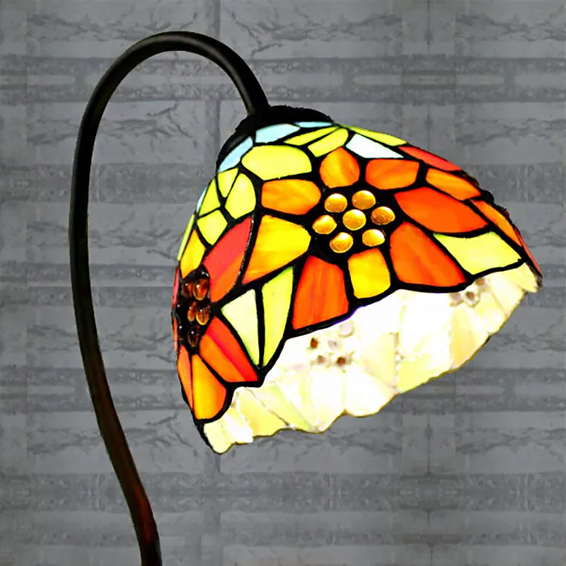 1 Light Domed Table Lamp Tiffany Style Blue/Orange Stainless Art Glass Table Lighting with Sunflower/Dragonfly Pattern Clearhalo 'Lamps' 'Table Lamps' Lighting' 170533