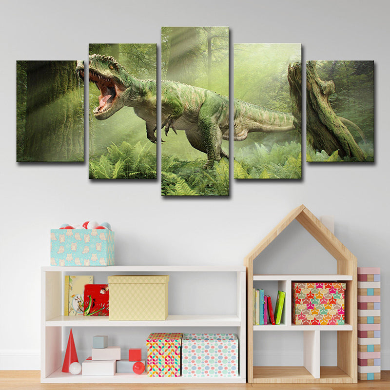 Green Digital Print Dinosaur Canvas Wall Art Multi-Piece Sci-Fi Bedroom Wall Decor Clearhalo 'Art Gallery' 'Canvas Art' 'Kids' Arts' 1705375