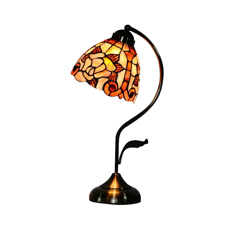 1 Light Dome Shade Table Lamp Tiffany Stylish Beige Shell Table Lighting with Leaf/Rose Pattern for Office Clearhalo 'Lamps' 'Table Lamps' Lighting' 170546