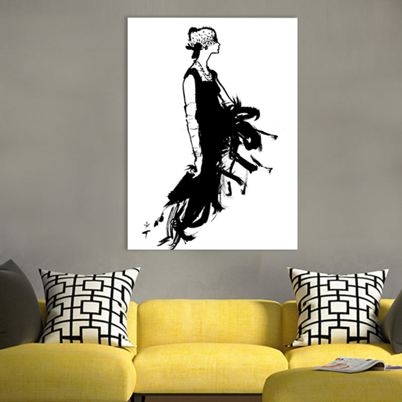 Pencil Drawing Glam Canvas Wall Art with Woman in Black Dress Pattern for Bedroom Black Clearhalo 'Arts' 'Canvas Art' 1705569