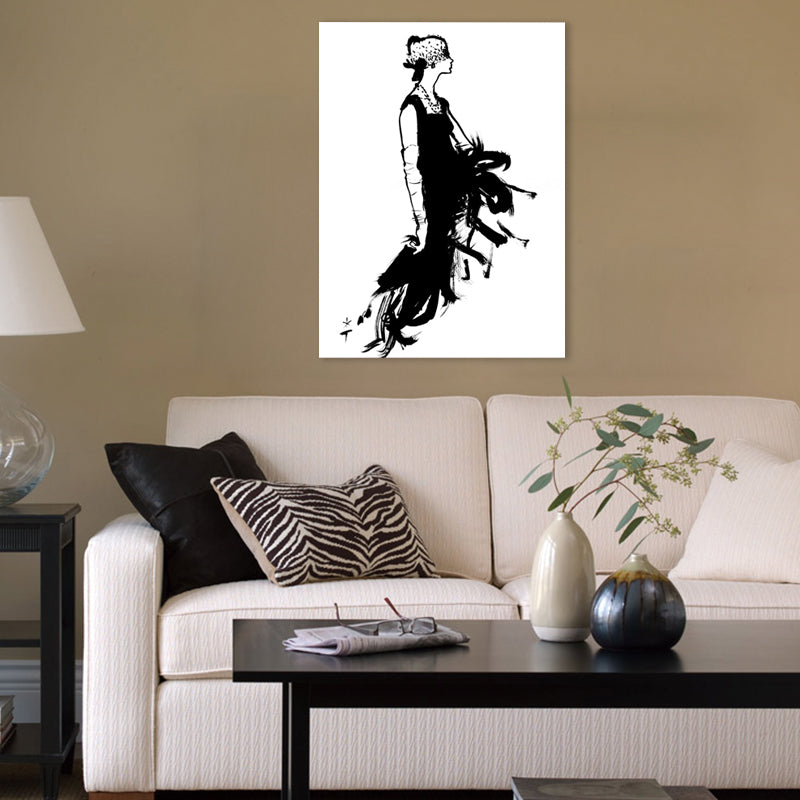 Pencil Drawing Glam Canvas Wall Art with Woman in Black Dress Pattern for Bedroom Clearhalo 'Arts' 'Canvas Art' 1705571