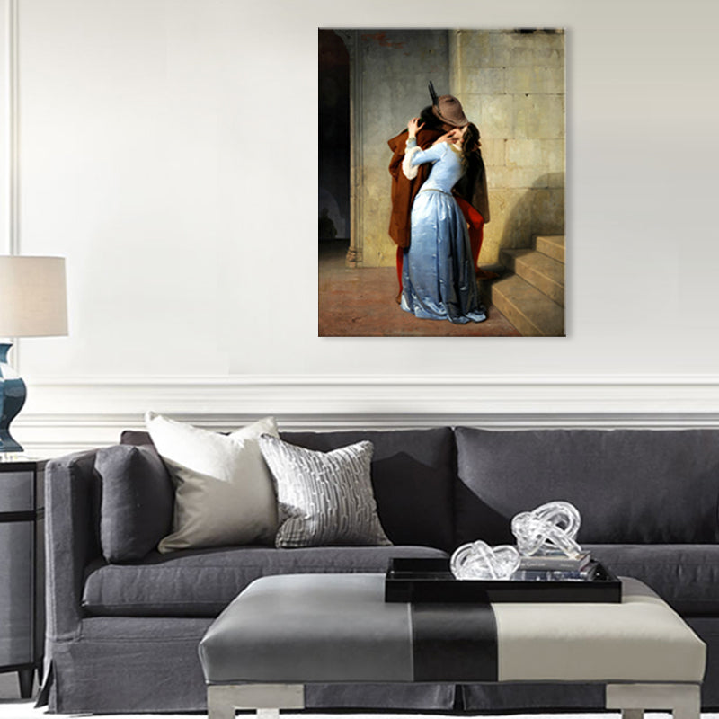 Kissing Couple Canvas Wall Art Rustic Textured Painting in Blue (Multiple Size Options) Clearhalo 'Arts' 'Canvas Art' 1705695