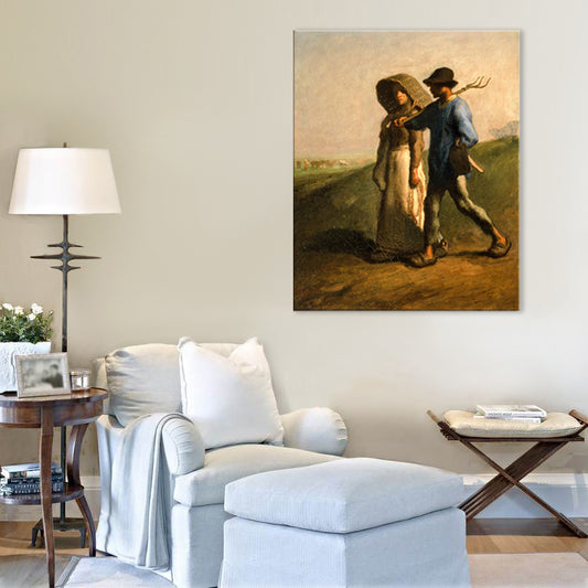 Brown Vintage Canvas Couple in the Field Art Print for Study Room, Multiple Size Options Clearhalo 'Arts' 'Canvas Art' 1705702