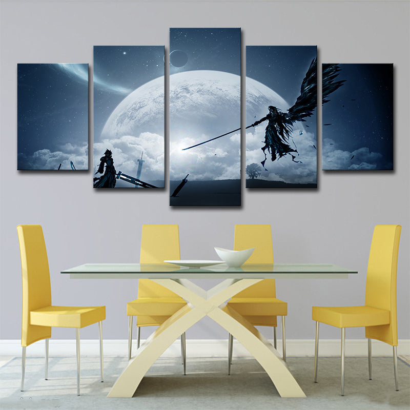 Kids Moon Night Fight Canvas Dark Blue Final Fantasy Game Scene Wall Art Decor for Room Clearhalo 'Art Gallery' 'Canvas Art' 'Kids' Arts' 1705753