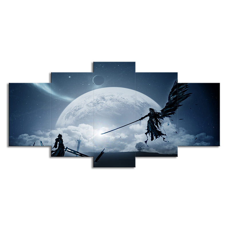 Kids Moon Night Fight Canvas Dark Blue Final Fantasy Game Scene Wall Art Decor for Room Clearhalo 'Art Gallery' 'Canvas Art' 'Kids' Arts' 1705755