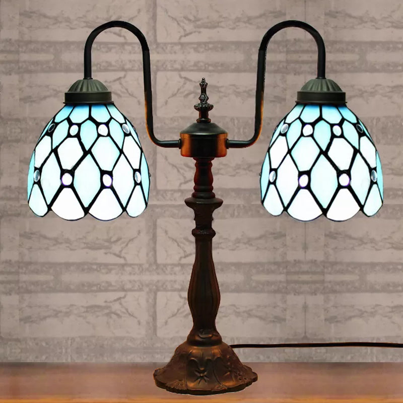 Blue Beaded Reading Book Light Tiffany Stylish 2 Lights Stainless Glass Hanging Lamp with Dome Shade Blue Clearhalo 'Lamps' 'Table Lamps' Lighting' 170576