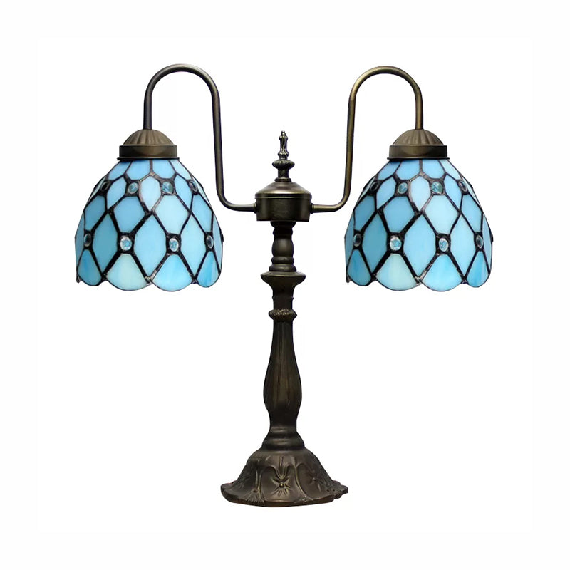 Blue Beaded Reading Book Light Tiffany Stylish 2 Lights Stainless Glass Hanging Lamp with Dome Shade Clearhalo 'Lamps' 'Table Lamps' Lighting' 170578