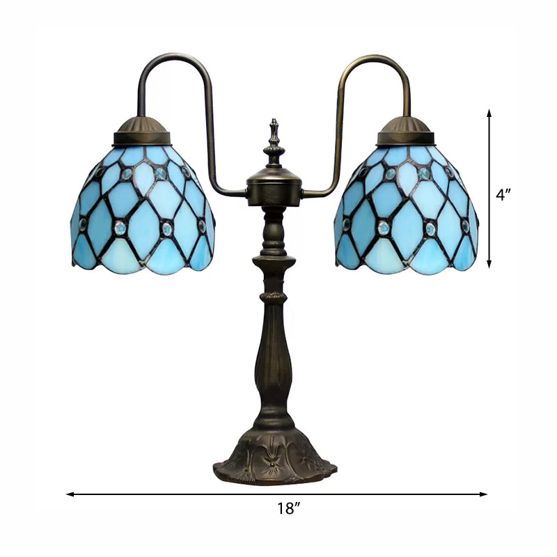 Blue Beaded Reading Book Light Tiffany Stylish 2 Lights Stainless Glass Hanging Lamp with Dome Shade Clearhalo 'Lamps' 'Table Lamps' Lighting' 170579