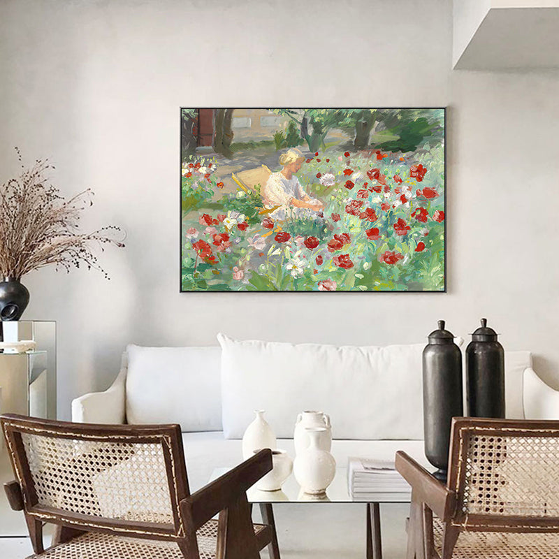 Woman in Blossom Field Canvas Textured French Country Living Room Wall Art Decor Green Clearhalo 'Arts' 'Canvas Art' 1705891