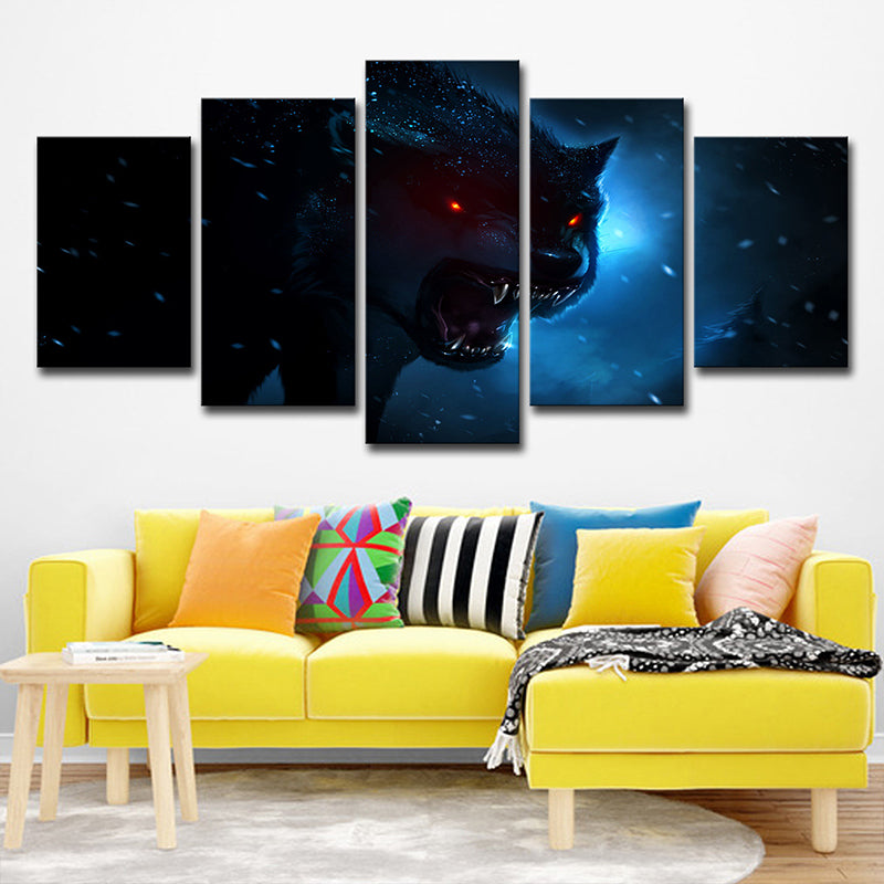 Dark Blue Night Wolf Art Print Multi-Piece Modern Style Boys Bedroom Wall Decoration Dark Blue Clearhalo 'Art Gallery' 'Canvas Art' 'Contemporary Art Gallery' 'Modern' Arts' 1706029