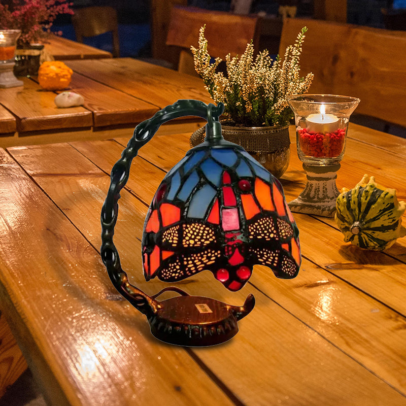 Rustic Mini Table Lighting with Curved Arm and Grape/Flower/Dragonfly Pattern Stained Glass 1 Light Table Lamp in Bronze for Bedroom Bronze Dragonfly Clearhalo 'Lamps' 'Table Lamps' Lighting' 170606