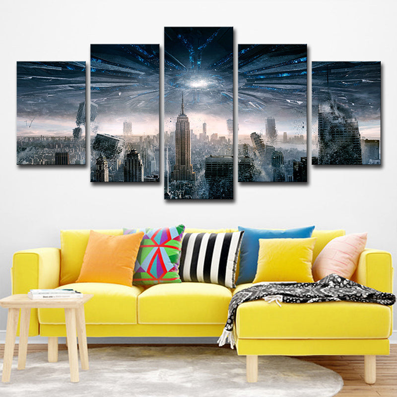 Futuristic Cityscape Wall Decor Blue Canvas Art Print for Living Room, Multi-Piece Blue Clearhalo 'Art Gallery' 'Canvas Art' 'Contemporary Art Gallery' 'Modern' Arts' 1706288