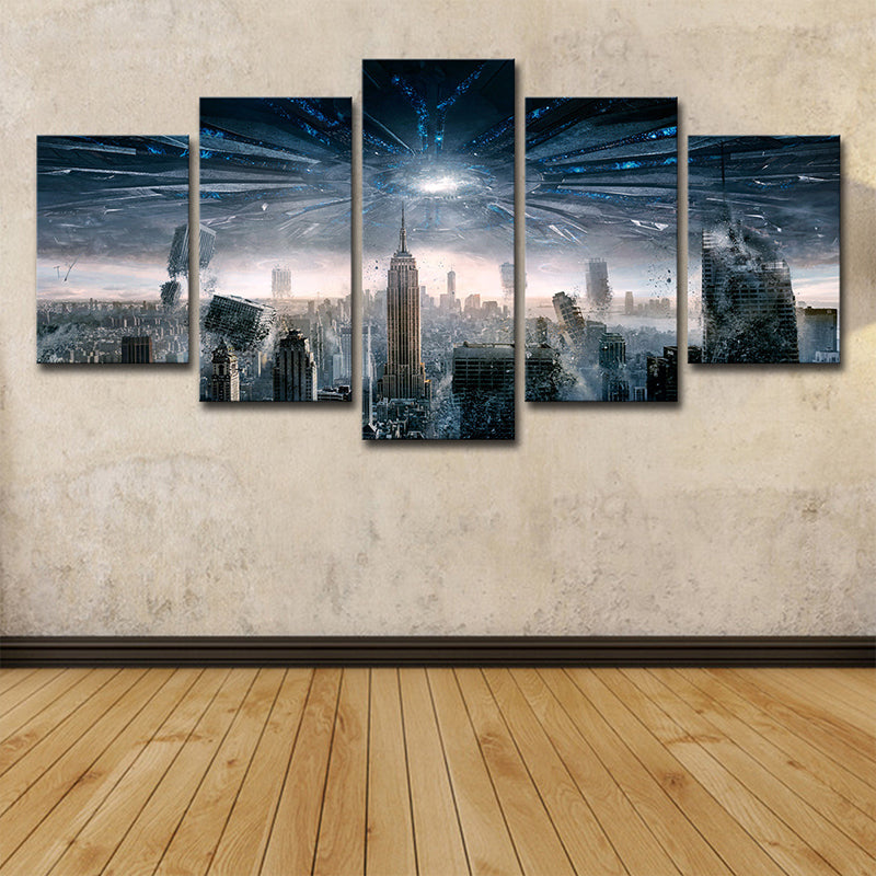 Futuristic Cityscape Wall Decor Blue Canvas Art Print for Living Room, Multi-Piece Clearhalo 'Art Gallery' 'Canvas Art' 'Contemporary Art Gallery' 'Modern' Arts' 1706289