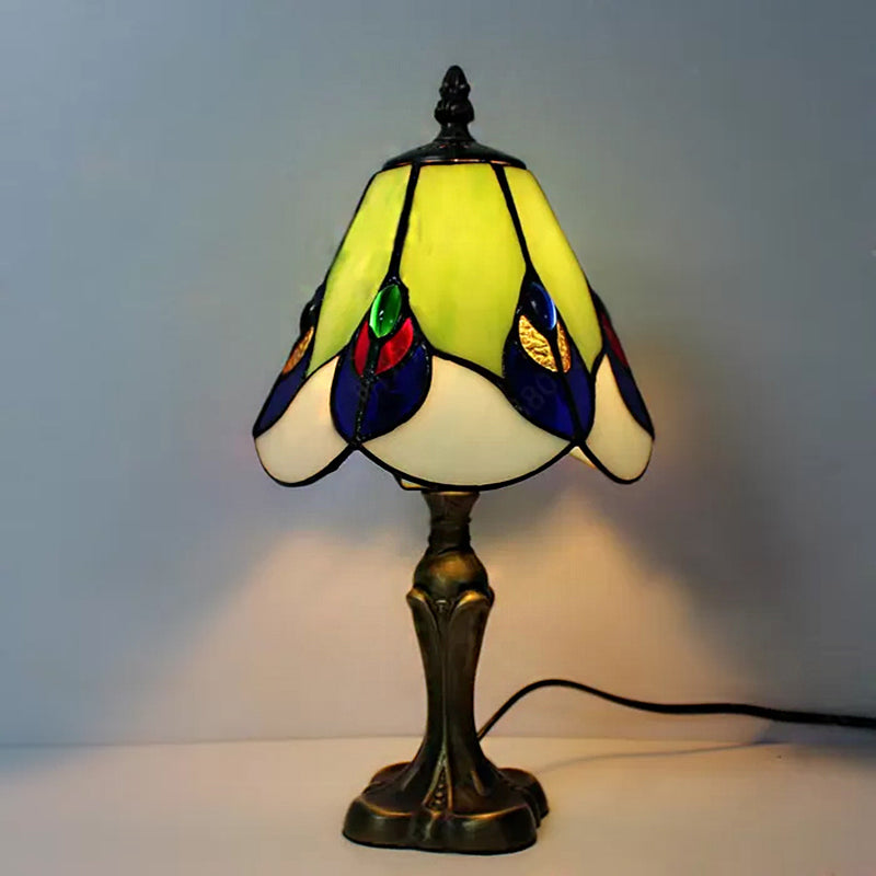 Stained Glass Cone Table Light with Metal Base and Gem/Grape/Peacock Tail Pattern 1 Light Tiffany Table Lighting for Bedside Black Peacock Tail Clearhalo 'Lamps' 'Table Lamps' Lighting' 170630