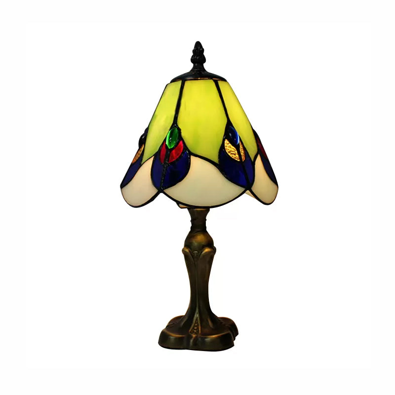 Stained Glass Cone Table Light with Metal Base and Gem/Grape/Peacock Tail Pattern 1 Light Tiffany Table Lighting for Bedside Clearhalo 'Lamps' 'Table Lamps' Lighting' 170632