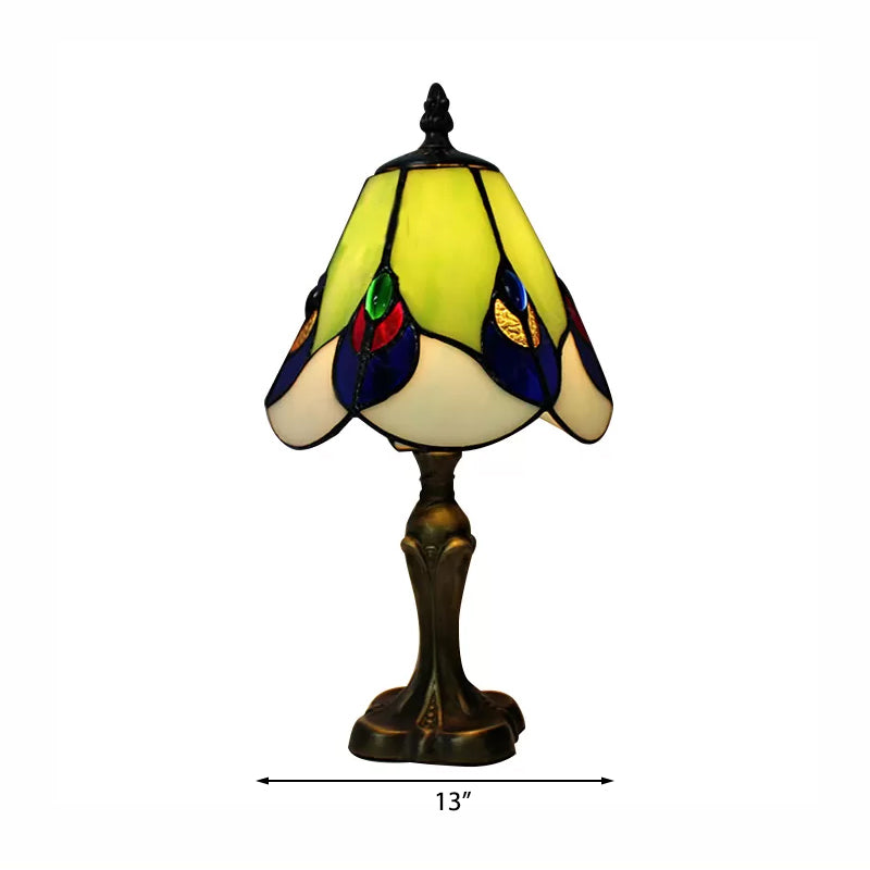 Stained Glass Cone Table Light with Metal Base and Gem/Grape/Peacock Tail Pattern 1 Light Tiffany Table Lighting for Bedside Clearhalo 'Lamps' 'Table Lamps' Lighting' 170633