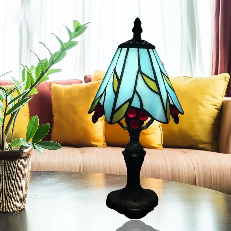 Stained Glass Cone Table Light with Metal Base and Gem/Grape/Peacock Tail Pattern 1 Light Tiffany Table Lighting for Bedside Black Grape Clearhalo 'Lamps' 'Table Lamps' Lighting' 170634