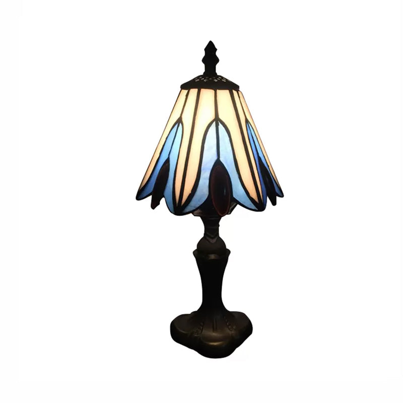 Stained Glass Cone Table Light with Metal Base and Gem/Grape/Peacock Tail Pattern 1 Light Tiffany Table Lighting for Bedside Clearhalo 'Lamps' 'Table Lamps' Lighting' 170637