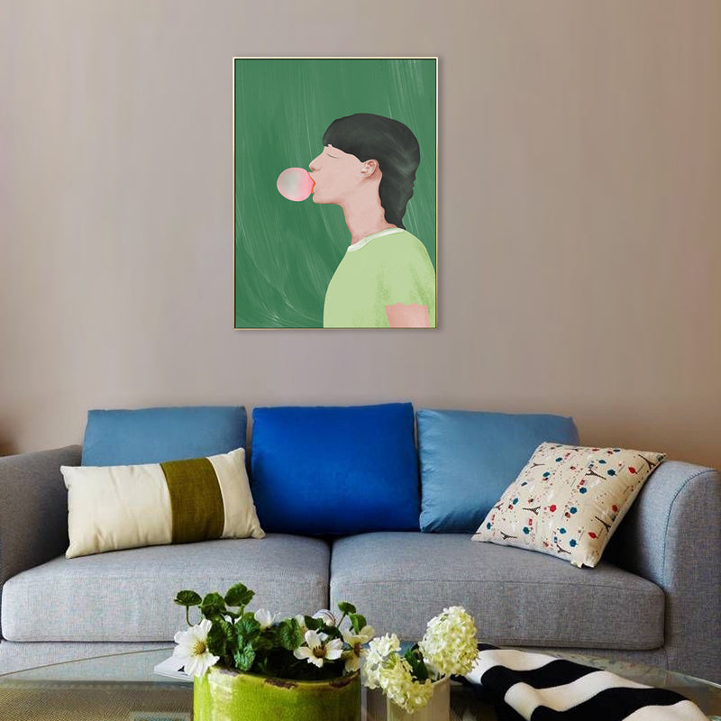 Green Nordic Style Art Print Boy Chewing Gum Drawing Wall Decor for Teenage Room Green Clearhalo 'Arts' 'Canvas Art' 1706505