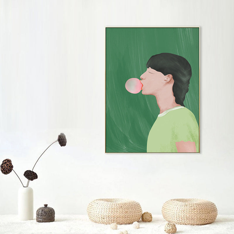 Green Nordic Style Art Print Boy Chewing Gum Drawing Wall Decor for Teenage Room Clearhalo 'Arts' 'Canvas Art' 1706506