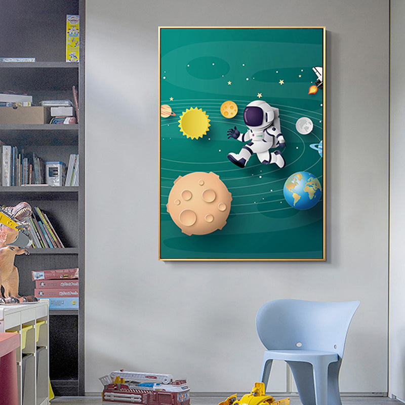 Illustration Painting Modern Art Planet and Astronaut in Soft Color, Multiple Sizes Green Clearhalo 'Art Gallery' 'Canvas Art' 'Contemporary Art Gallery' 'Modern' Arts' 1706610