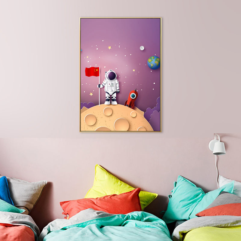Illustration Painting Modern Art Planet and Astronaut in Soft Color, Multiple Sizes Purple Clearhalo 'Art Gallery' 'Canvas Art' 'Contemporary Art Gallery' 'Modern' Arts' 1706621