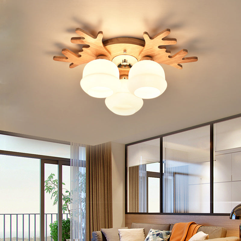 White Bud Shade Ceiling Mount Light with Beige Antlers Lovely Wooden Ceiling Lamp for Kid Bedroom 3 Wood Clearhalo 'Ceiling Lights' 'Close To Ceiling Lights' 'Close to ceiling' 'Semi-flushmount' Lighting' 170663