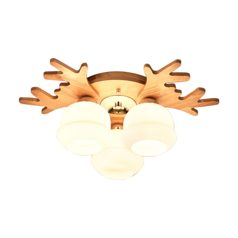 White Bud Shade Ceiling Mount Light with Beige Antlers Lovely Wooden Ceiling Lamp for Kid Bedroom Clearhalo 'Ceiling Lights' 'Close To Ceiling Lights' 'Close to ceiling' 'Semi-flushmount' Lighting' 170665