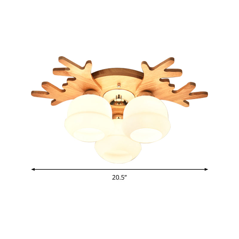 White Bud Shade Ceiling Mount Light with Beige Antlers Lovely Wooden Ceiling Lamp for Kid Bedroom Clearhalo 'Ceiling Lights' 'Close To Ceiling Lights' 'Close to ceiling' 'Semi-flushmount' Lighting' 170666